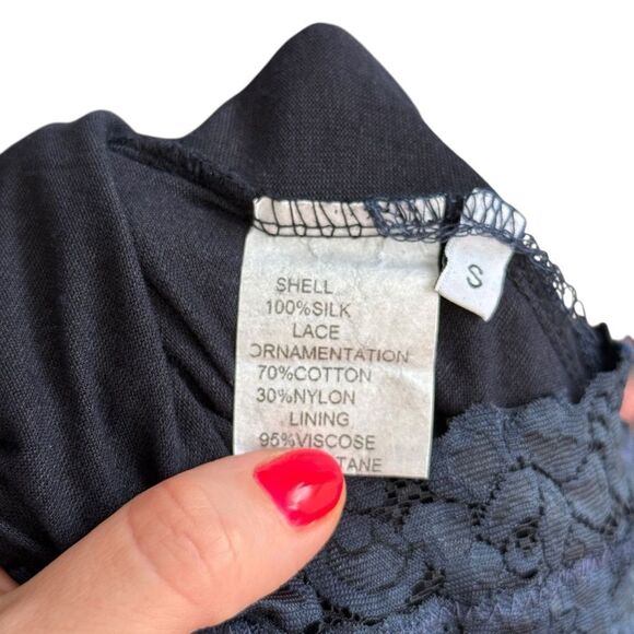 Nicole Italy Navy Blue Silk Floral Embroidered Lace Trim Pull On Skirt - Picture 7 of 8